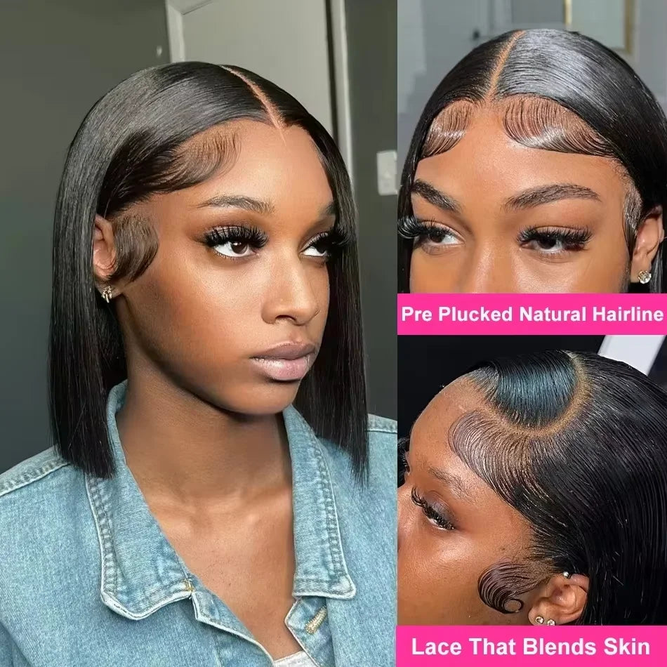 250% densité sans colle os droit 13x6 court Bob demi dentelle avant perruque HD frontale tressé noir 100% perruques de cheveux humains