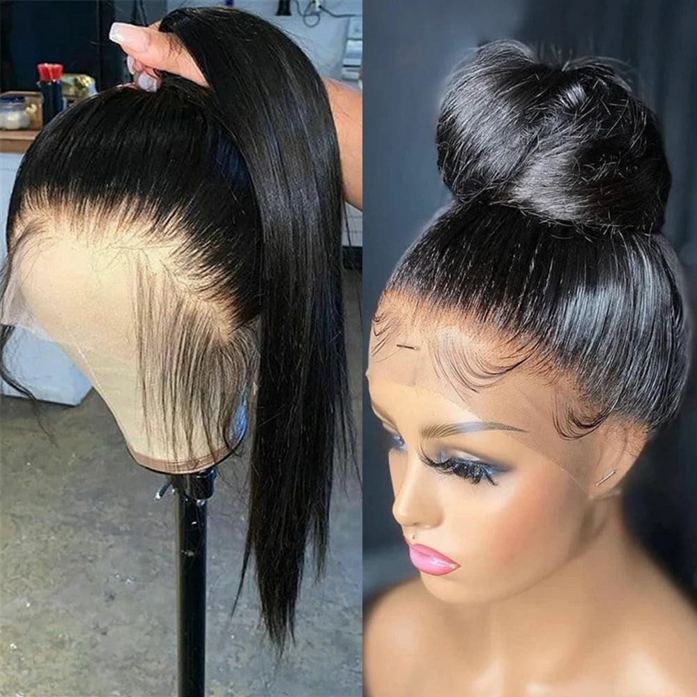 Perruque Lace Frontal Wig 360 naturelle brésilienne lisse, cheveux lisses, 13x6, Transparent, pre-plucked, pour femmes