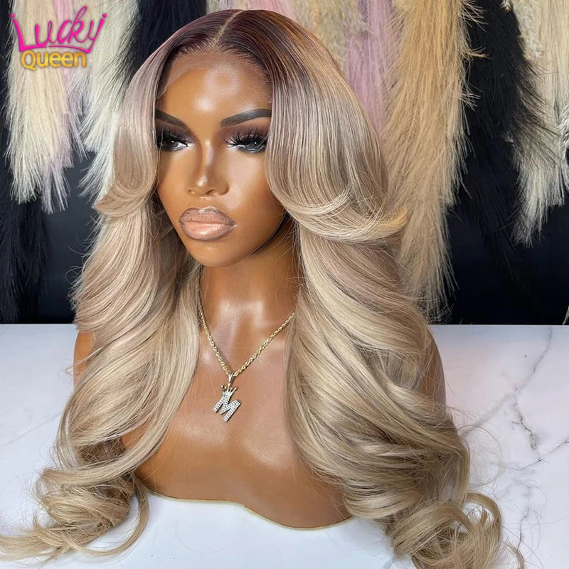 13X6 Ombre Blonde couleur frontale perruque cheveux humains pour les femmes Transparent 13X6 dentelle avant perruque de cheveux humains avec racine foncée pré plumée