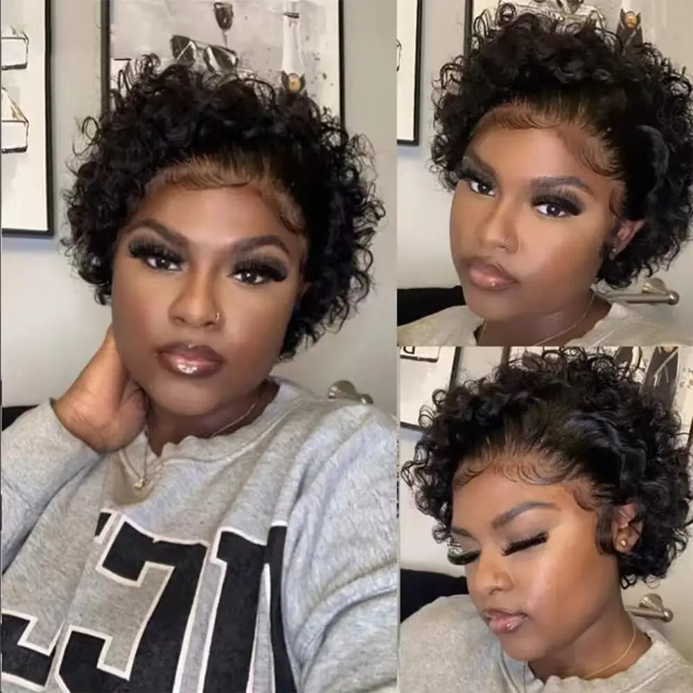 Perruque Pixie Cut Courte Bouclée en Cheveux Humains, Perruque Brésilienne Pas Chère en Cheveux Remy, Perruques Transparentes 13x1 en Dentelle pour Femmes en Promotion