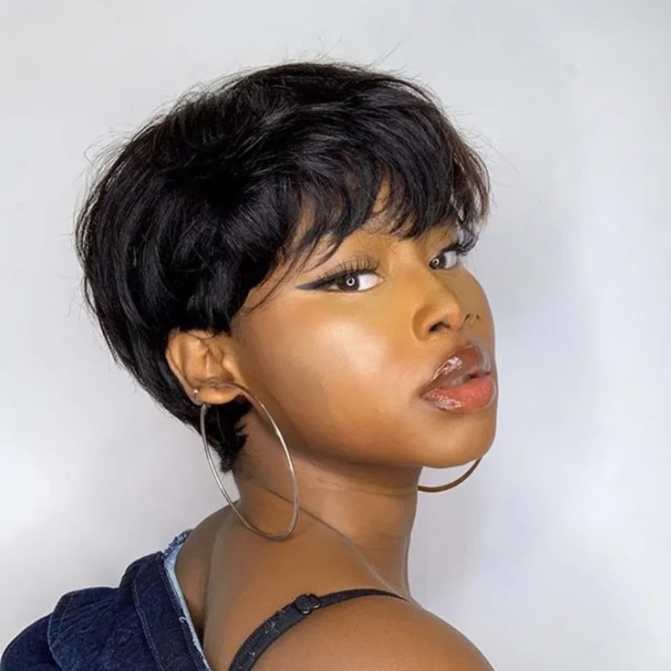 Perruques de cheveux humains courts coupe lutin droite perruque bresillienne pour les femmes noires pleine Machine faite perruques avec frange perruque pas cher