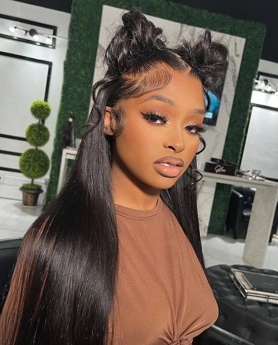 Perruque Lace Frontal Wig 360 naturelle brésilienne lisse, cheveux lisses, 13x6, Transparent, pre-plucked, pour femmes