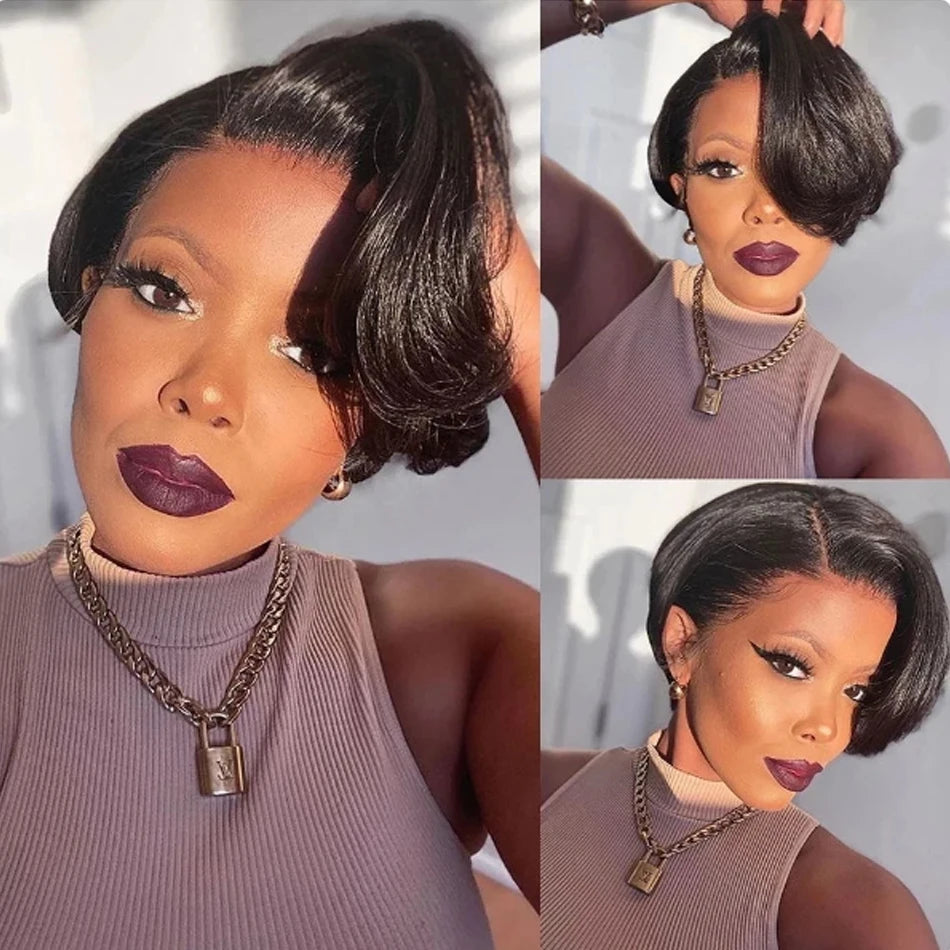 Cheveux humains 13X2 perruques courtes coupe lutin perruques droites Bob HDTransparent dentelle frontale perruques pour les femmes noires 250 densité Perruque pas cher