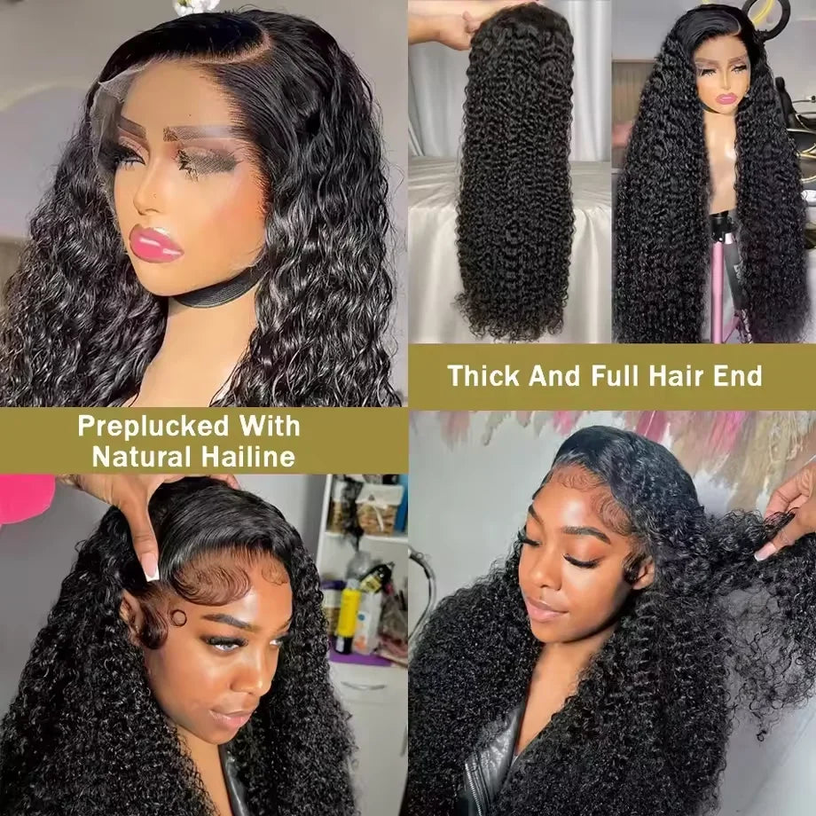Perruque Lace Frontal Wig naturelle bouclée, cheveux humains, Deep Wave, Transparent HD, 5x5, sans colle, pre-plucked, 13x6, eau, 30 40 pouces