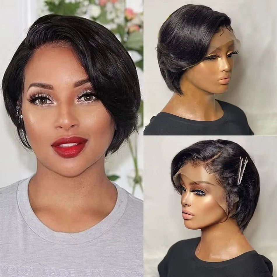 Cheveux humains 13X2 perruques courtes coupe lutin perruques droites Bob HDTransparent dentelle frontale perruques pour les femmes noires 250 densité Perruque pas cher