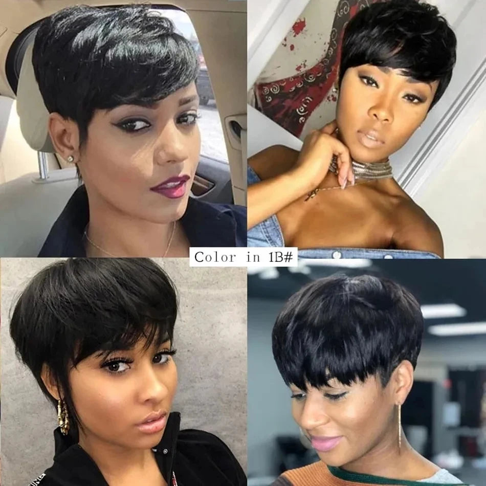 Perruques de cheveux humains courts coupe lutin droite perruque bresillienne pour les femmes noires pleine Machine faite perruques avec frange perruque pas cher