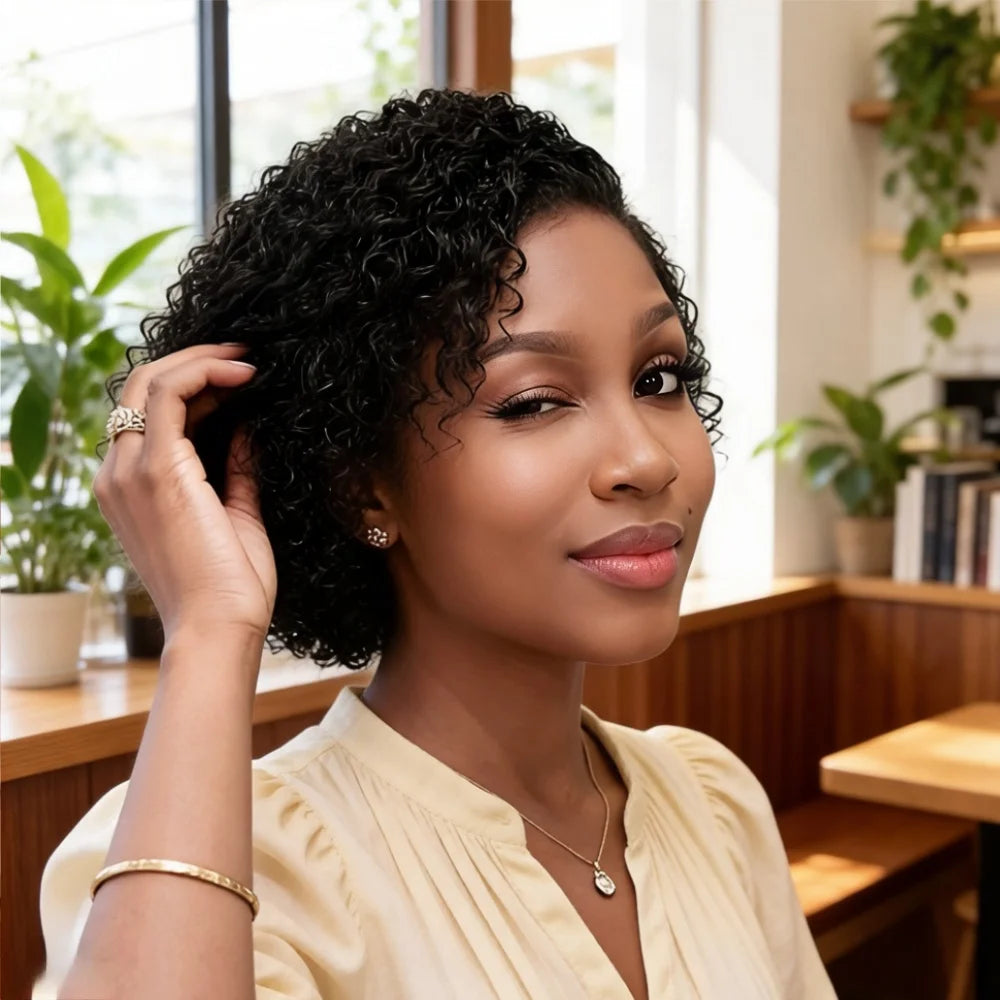 Perruque élégante en cheveux humains Remy, coupe pixie ondulée bouclée, avec dentelle frontale 13x4x1 pré-épilée pour femmes