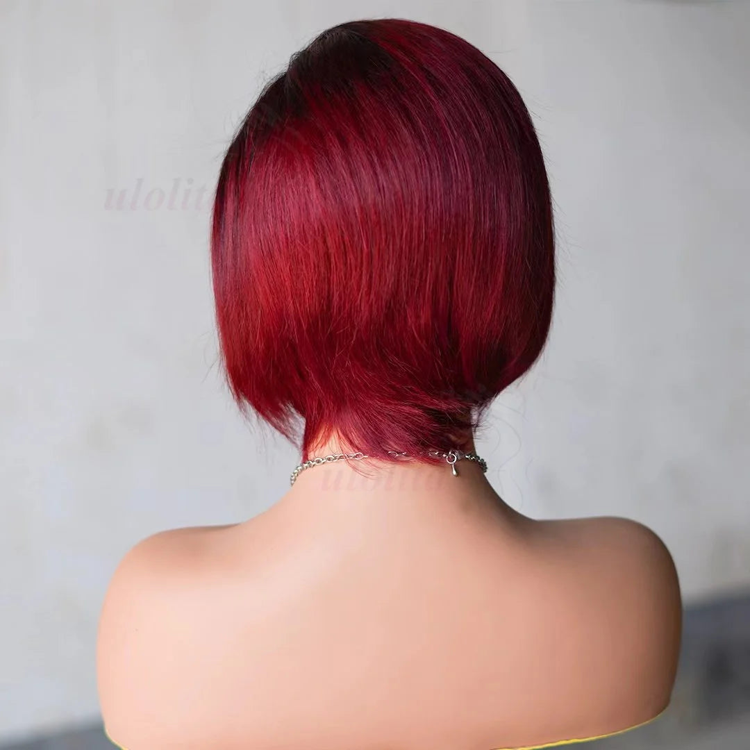 Perruque bob courte T1B/99J en cheveux humains malaisiens Remy, raides, à porter sans colle, style coupe lutin