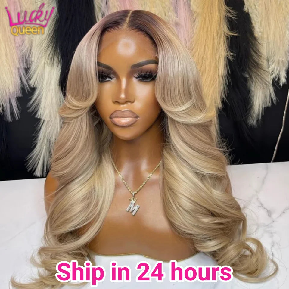 13X6 Ombre Blonde couleur frontale perruque cheveux humains pour les femmes Transparent 13X6 dentelle avant perruque de cheveux humains avec racine foncée pré plumée