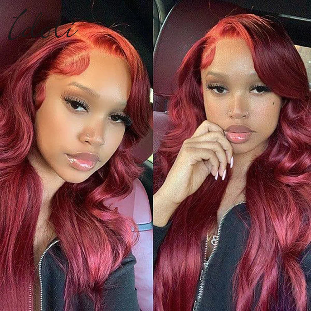 Perruque Lace Front Wig Body Wave Brésilienne Naturelle, Cheveux Humains, Couleur Bordeaux 99J, 13x6, Transparent HD