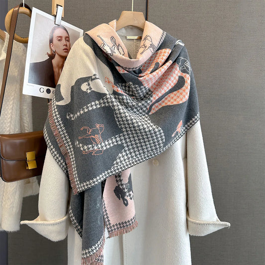 Echarpe nouveau rétro cheval imprimé écharpe pour femmes Design de luxe vêtements d'extérieur automne hiver 2025 épais chaud cou-protection châle enveloppement