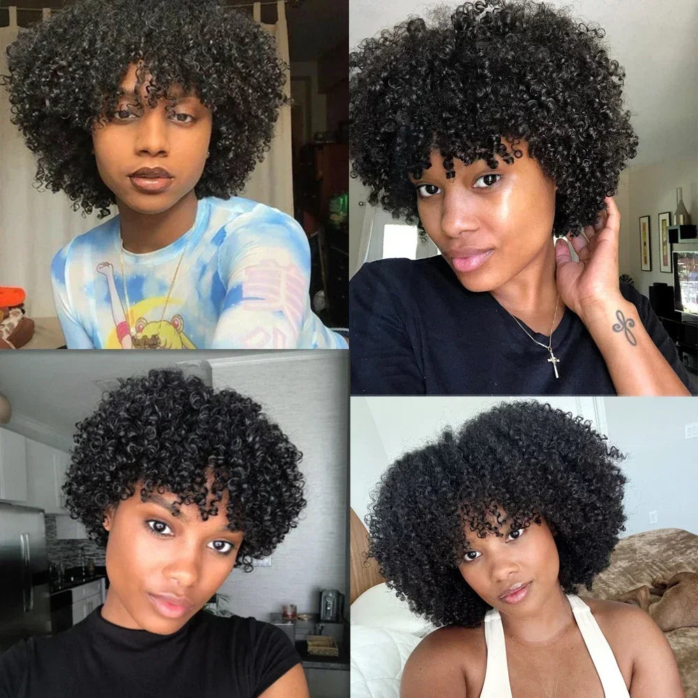 Perruques de cheveux humains Afro crépus bouclés avec frange 200% densité Remy cheveux humains sans colle perruque Afro bouclés frange perruques pour les femmes noires