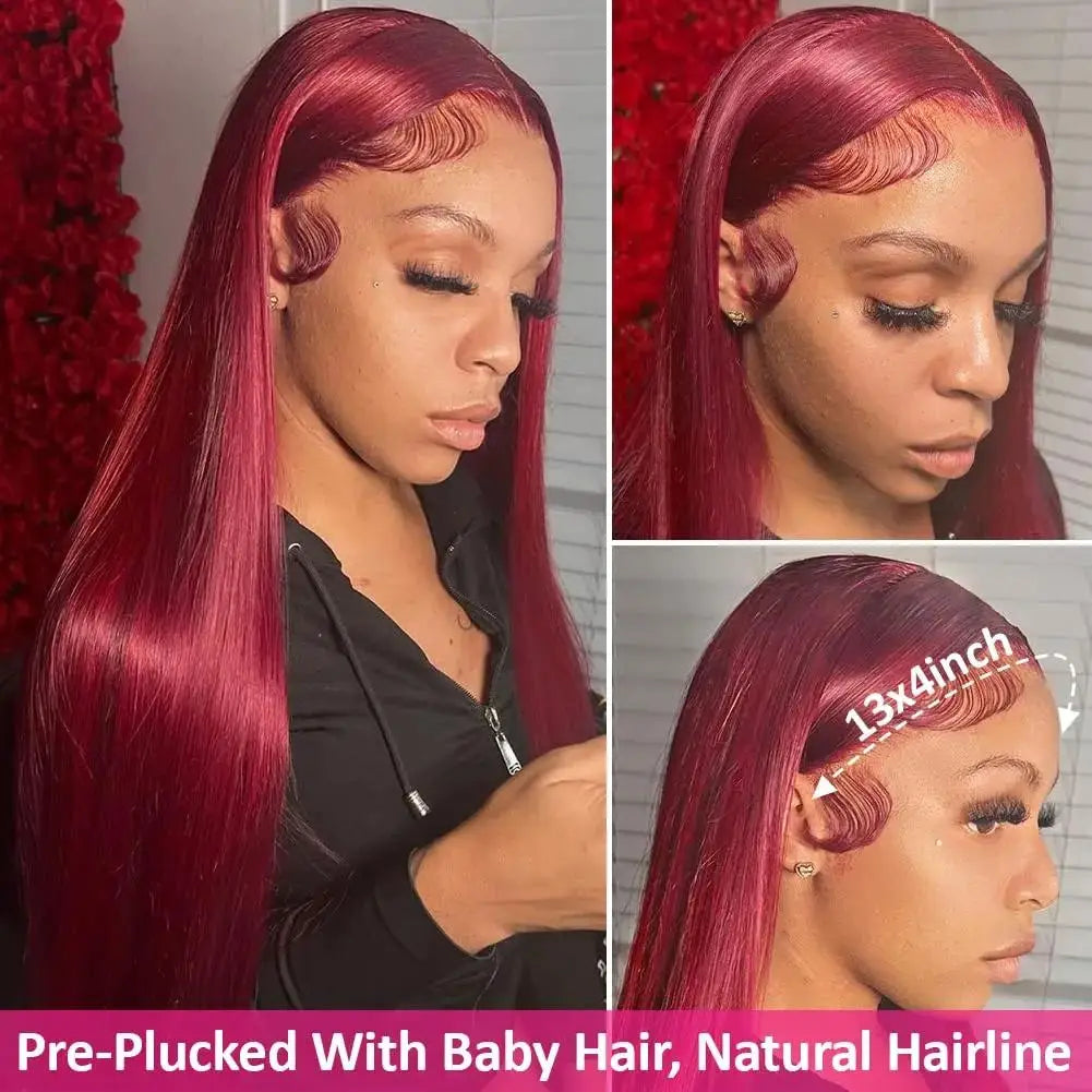 Perruque Lace Frontal Wig naturelle lisse bordeaux 99j, 40 pouces, 13x6, perruque Lace Frontal Wig HD transparente, couleur rouge, pour femmes