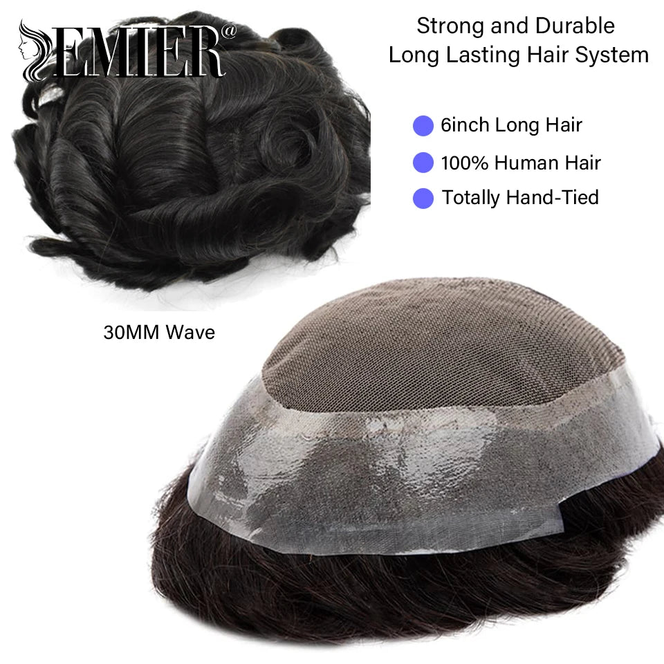 Perruque de cheveux humains en dentelle française avec PU pour homme, toupet confortable, vague naturelle, système de remplacement, prothèse capillaire masculine durable