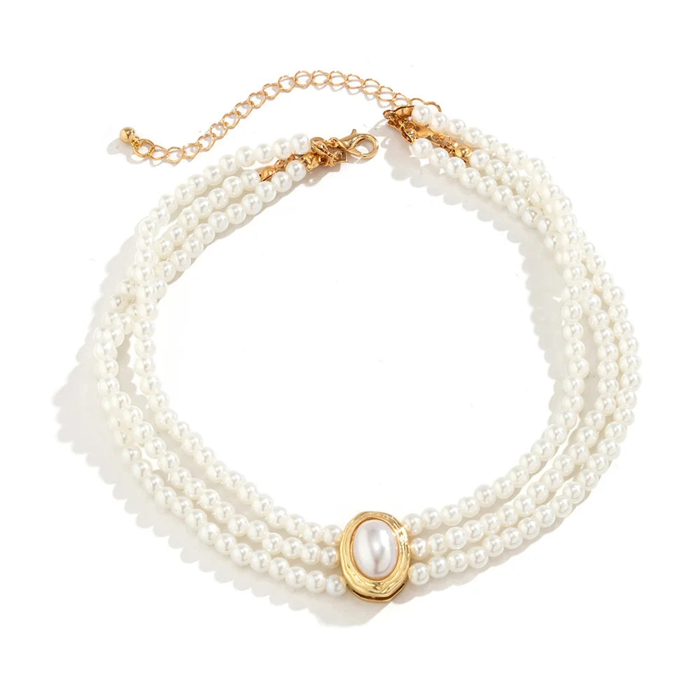 Colliers ras du cou Vintage multicouches pour femmes, Imitation de perles, strass ovales de luxe, accessoires bijoux pour fête de mariage