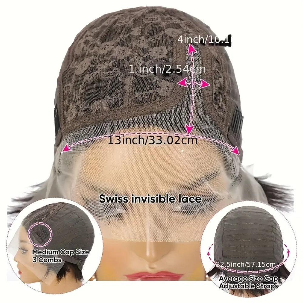 Perruque élégante en cheveux humains Remy, coupe pixie ondulée bouclée, avec dentelle frontale 13x4x1 pré-épilée pour femmes