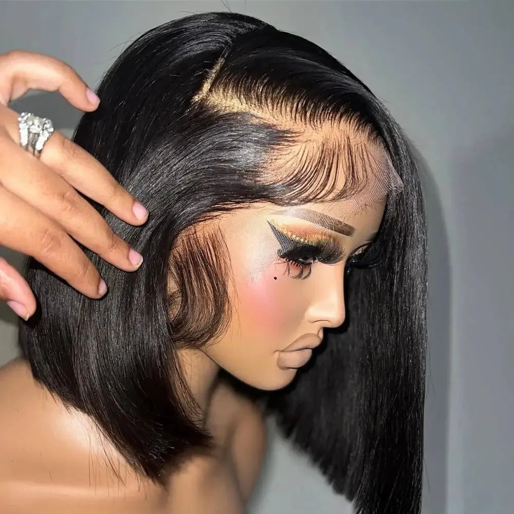 Perruques Bob de cheveux humains brésiliens sans colle HD perruque avant en dentelle sans colle os court perruque frontale en dentelle droite prête à porter 250 densité