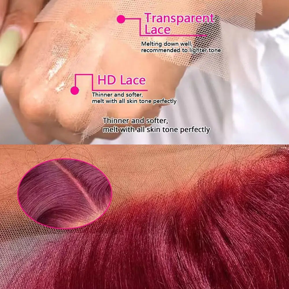 Perruque Lace Front Wig naturelle lisse, cheveux humains, couleur bordeaux 99J, haute densité 200, 13x6, HD, ultraviolette, 13x4, pour femmes