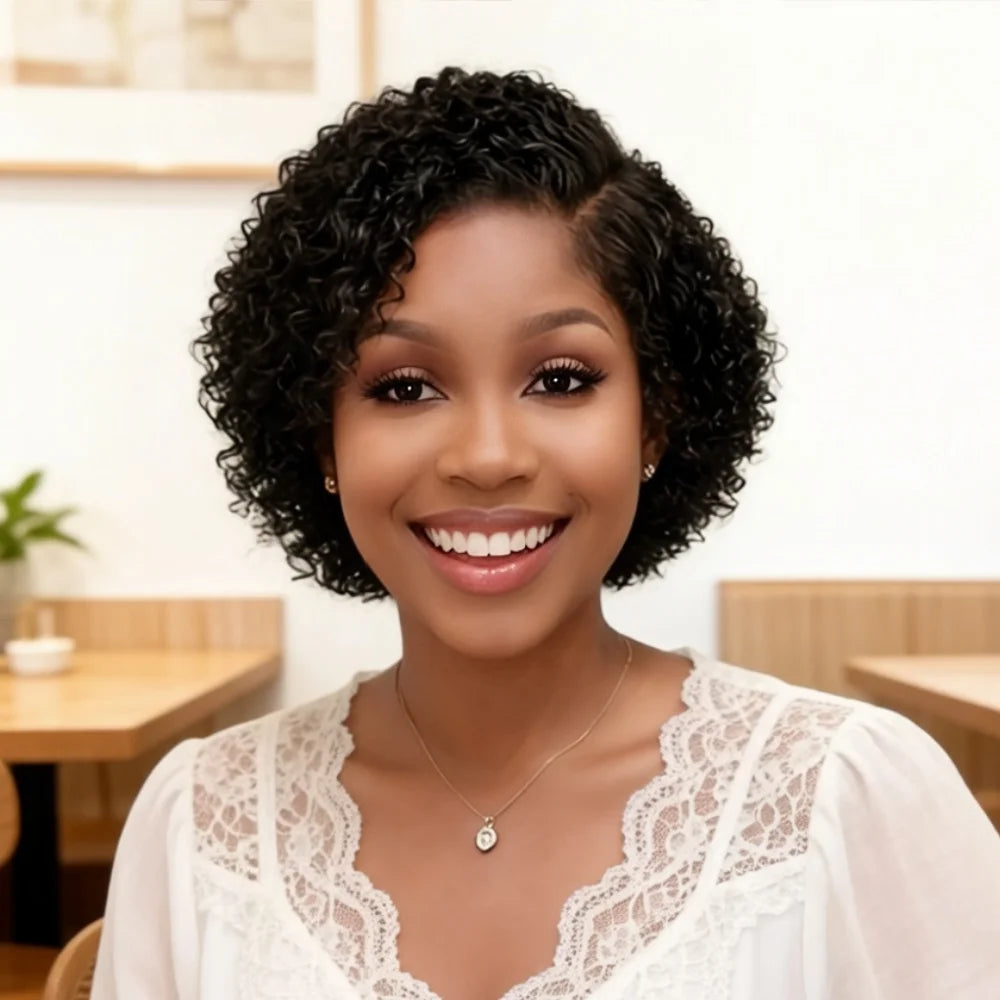 Perruque élégante en cheveux humains Remy, coupe pixie ondulée bouclée, avec dentelle frontale 13x4x1 pré-épilée pour femmes