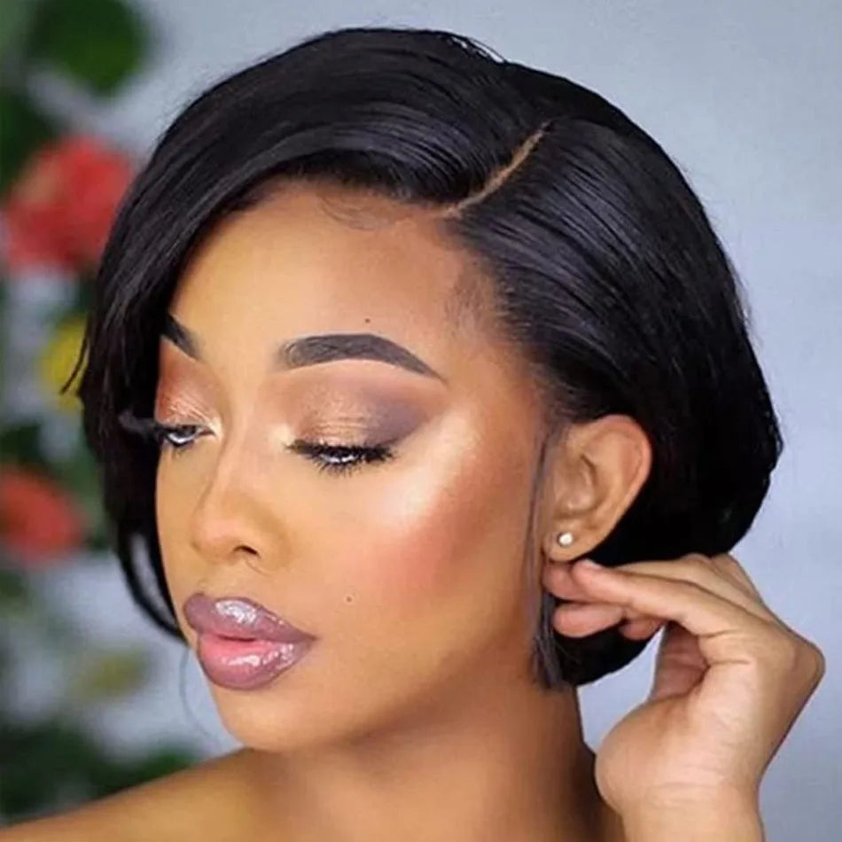 Cheveux humains 13X2 perruques courtes coupe lutin perruques droites Bob HDTransparent dentelle frontale perruques pour les femmes noires 250 densité Perruque pas cher