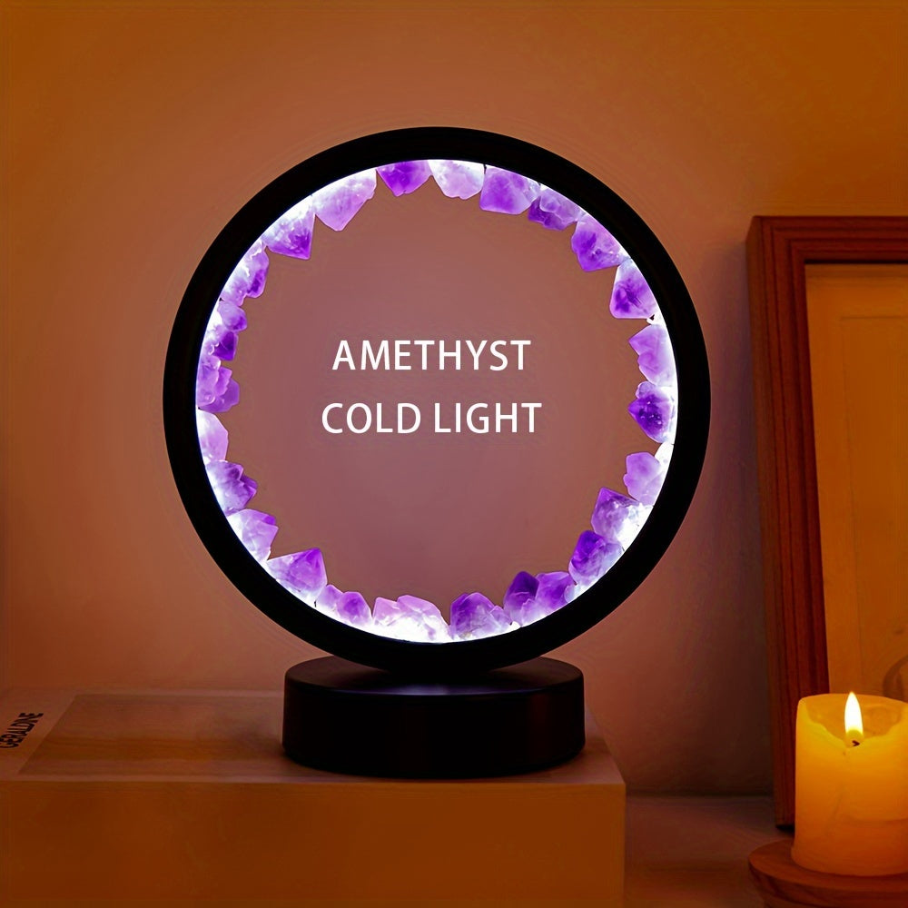1pc, Rechargeable LED Bedside Lamp with Natural Quartz Amethyst Cluster - Soothing Night Light for Bedroom and Desk - Decorative Circle Lights