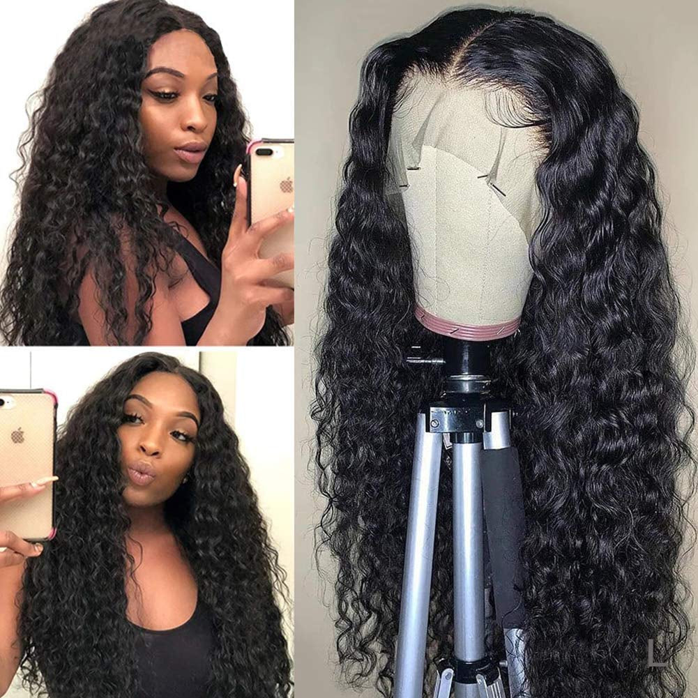 Water Wave Lace Front Wigs Human Hair 13X4 HD Lace Front Wigs Glueless Brazilian Virgin Human Hair Wigs Pre Plucked with Baby Hair 180% Density Wet and Wavy Curly Wigs for Women Natural Black 26 Inch