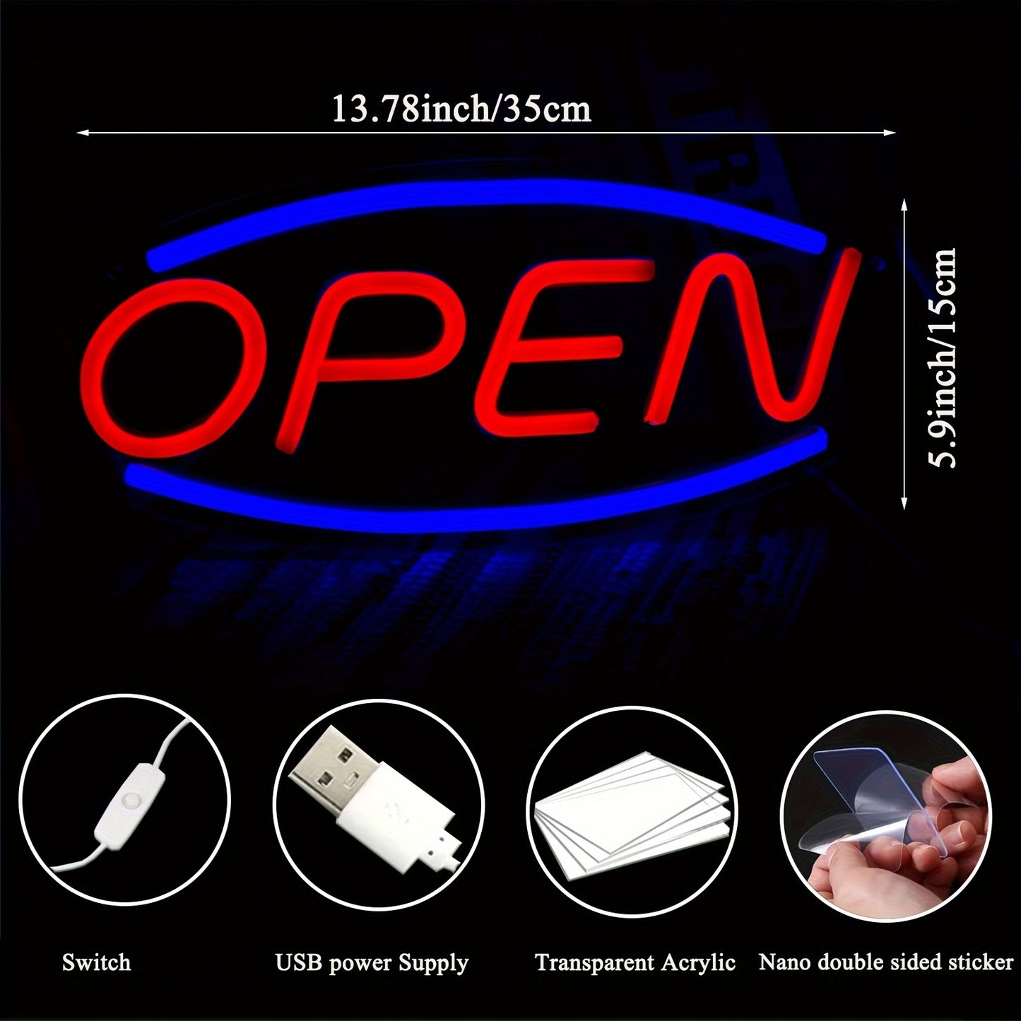 CTTNSL "OPEN" LED Neon Sign - Energy-Efficient, Touch-Controlled Wall Art with USB Power, 13.78x5.9in Acrylic & LED, 5V USB Interface Electronic lamp Ideal for Bars, Cafes, Hotels & Outdoor Decor